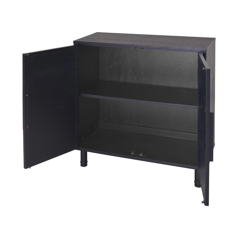 34" Rattan 2 Door Storage Cabinet with Adjustable Shelf - Black Brown Wood Grain - Indonesian Woven Panel - Contemporary Sideboard