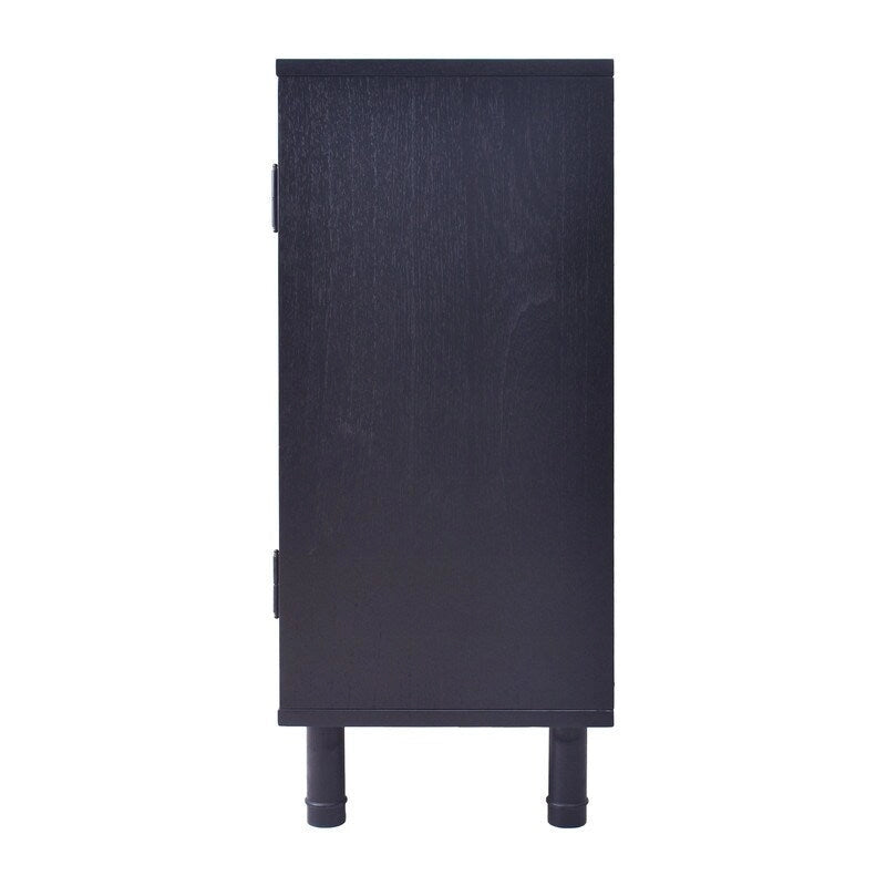 34" Rattan 2 Door Storage Cabinet with Adjustable Shelf - Black Brown Wood Grain - Indonesian Woven Panel - Contemporary Sideboard