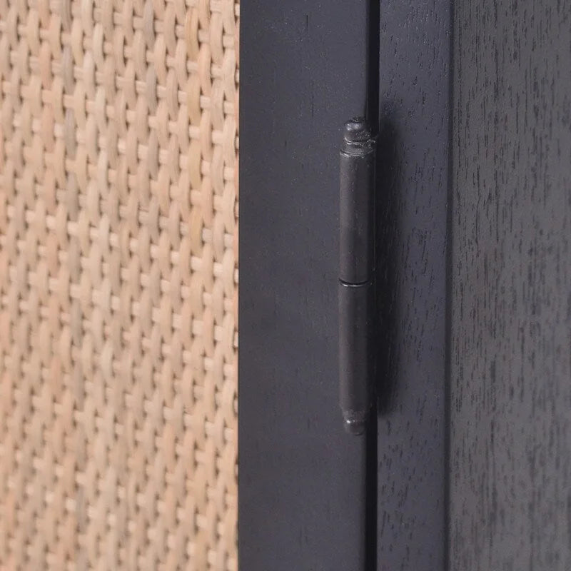 34" Rattan 2 Door Storage Cabinet with Adjustable Shelf - Black Brown Wood Grain - Indonesian Woven Panel - Contemporary Sideboard