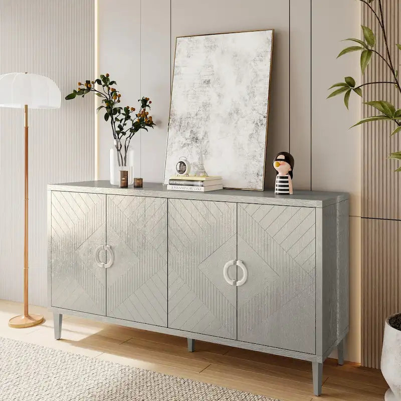 4-Door Storage Cabinet 59.84"W - Champagne MDF Sideboard with Pine Legs, Sculpted Doors & Semi-Circular Pulls, 80lbs Top Capacity