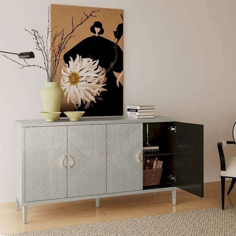 4-Door Storage Cabinet 59.84"W - Champagne MDF Sideboard with Pine Legs, Sculpted Doors & Semi-Circular Pulls, 80lbs Top Capacity