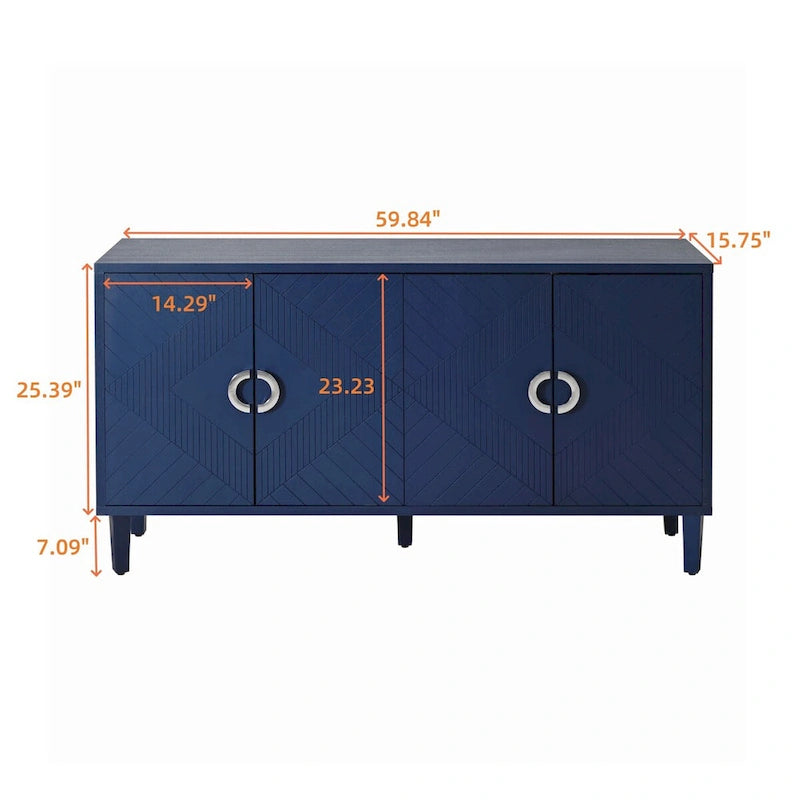 4-Door Storage Cabinet 59.84"W - Champagne MDF Sideboard with Pine Legs, Sculpted Doors & Semi-Circular Pulls, 80lbs Top Capacity