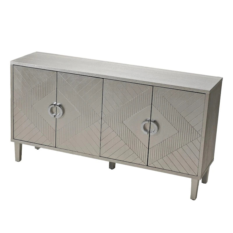 4-Door Storage Cabinet 59.84"W - Champagne MDF Sideboard with Pine Legs, Sculpted Doors & Semi-Circular Pulls, 80lbs Top Capacity