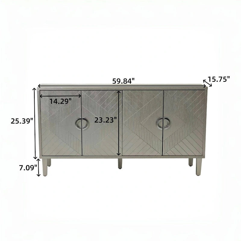4-Door Storage Cabinet 59.84"W - Champagne MDF Sideboard with Pine Legs, Sculpted Doors & Semi-Circular Pulls, 80lbs Top Capacity