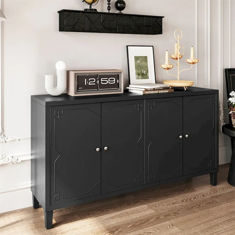4-Door Sideboard Cabinet with Chinese Style Pattern - Black Wood Texture Buffet with Adjustable Shelves & Silver Handles, 80lbs Capacity