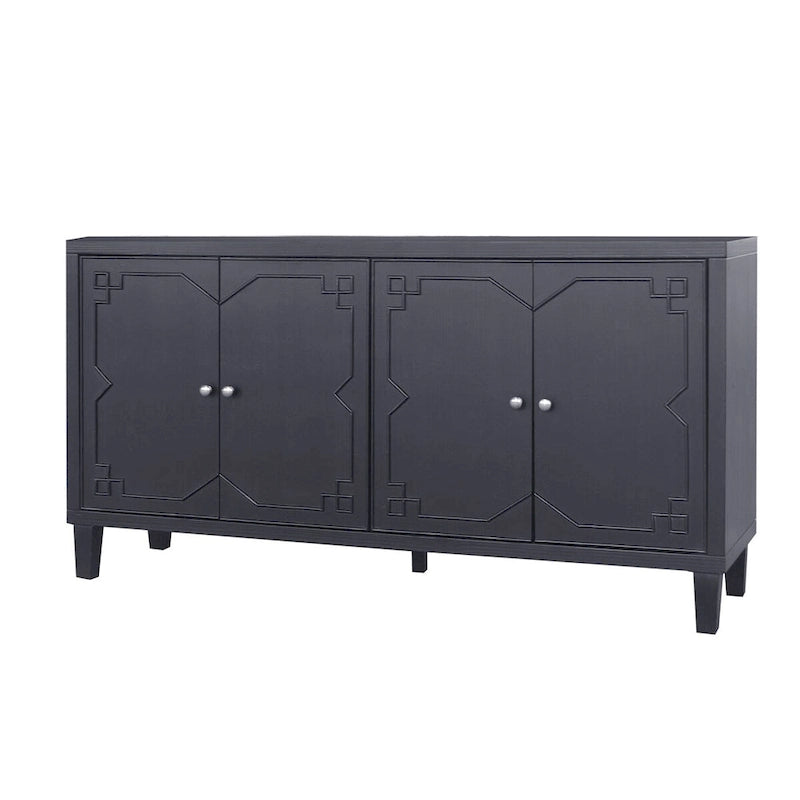 4-Door Sideboard Cabinet with Chinese Style Pattern - Black Wood Texture Buffet with Adjustable Shelves & Silver Handles, 80lbs Capacity