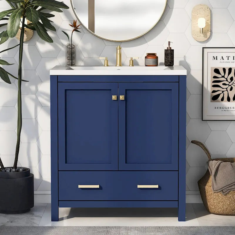 30" Blue Bathroom Vanity Cabinet with White Resin Sink Soft-Close Doors Drawer Solid Wood Frame Water-Resistant Modern Storage Organizer