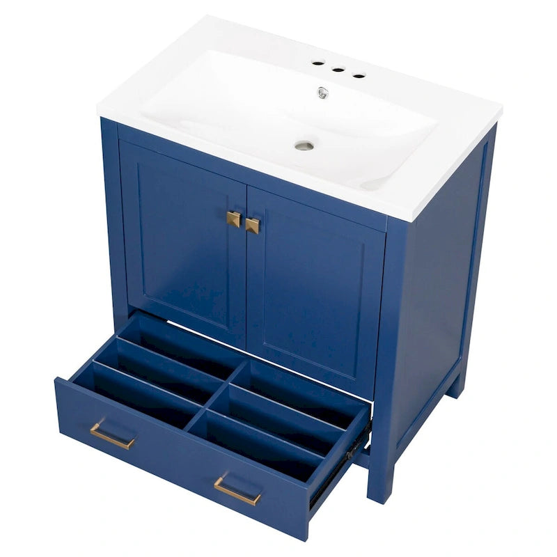 30" Blue Bathroom Vanity Cabinet with White Resin Sink Soft-Close Doors Drawer Solid Wood Frame Water-Resistant Modern Storage Organizer