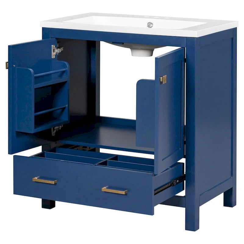 30" Blue Bathroom Vanity Cabinet with White Resin Sink Soft-Close Doors Drawer Solid Wood Frame Water-Resistant Modern Storage Organizer