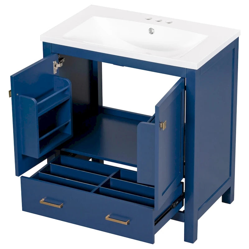 30" Blue Bathroom Vanity Cabinet with White Resin Sink Soft-Close Doors Drawer Solid Wood Frame Water-Resistant Modern Storage Organizer