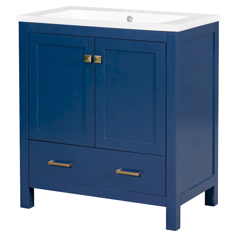 30" Blue Bathroom Vanity Cabinet with White Resin Sink Soft-Close Doors Drawer Solid Wood Frame Water-Resistant Modern Storage Organizer