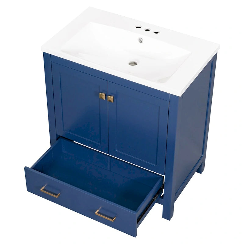 30" Blue Bathroom Vanity Cabinet with White Resin Sink Soft-Close Doors Drawer Solid Wood Frame Water-Resistant Modern Storage Organizer
