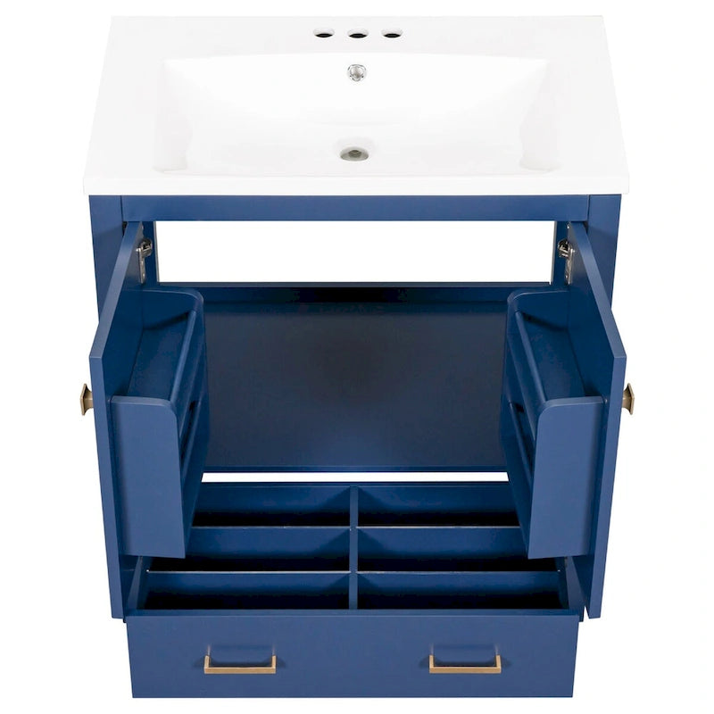 30" Blue Bathroom Vanity Cabinet with White Resin Sink Soft-Close Doors Drawer Solid Wood Frame Water-Resistant Modern Storage Organizer