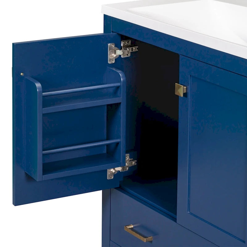 30" Blue Bathroom Vanity Cabinet with White Resin Sink Soft-Close Doors Drawer Solid Wood Frame Water-Resistant Modern Storage Organizer