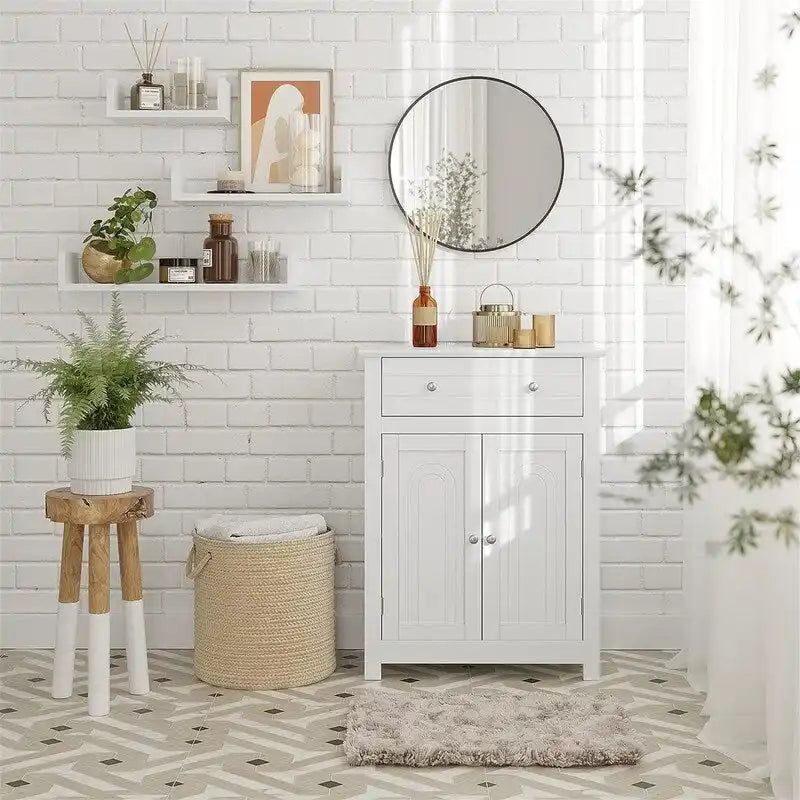 White Bathroom Storage Cabinet 1 Drawer 2 Shelves Adjustable Open Top MDF Magnetic Door 88lb Capacity