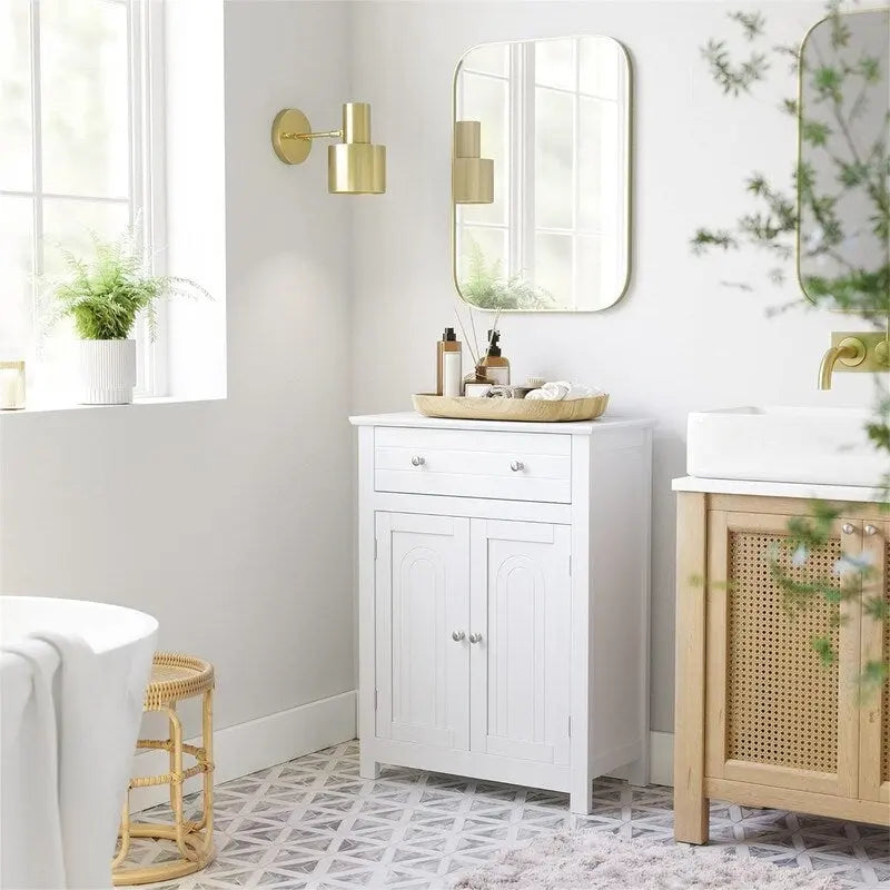 White Bathroom Storage Cabinet 1 Drawer 2 Shelves Adjustable Open Top MDF Magnetic Door 88lb Capacity