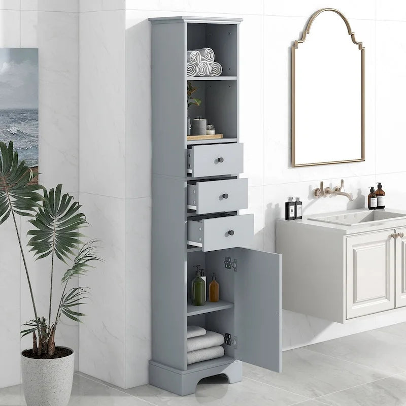 Tall Freestanding Bathroom Storage Cabinet - 3 Drawers Adjustable Shelf - Waterproof MDF Linen Tower - Anti-Tip Device Included