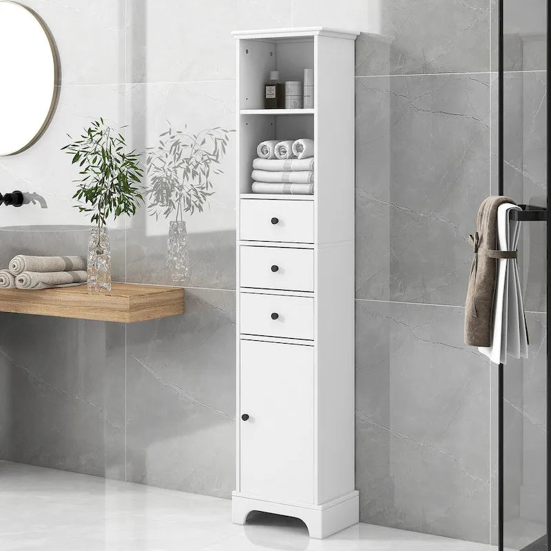 Tall Freestanding Bathroom Storage Cabinet - 3 Drawers Adjustable Shelf - Waterproof MDF Linen Tower - Anti-Tip Device Included