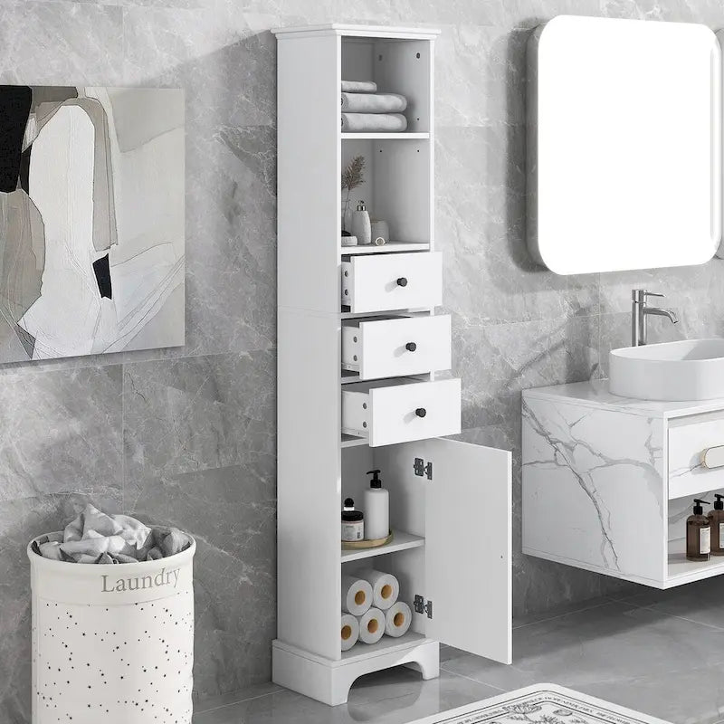 Tall Freestanding Bathroom Storage Cabinet - 3 Drawers Adjustable Shelf - Waterproof MDF Linen Tower - Anti-Tip Device Included