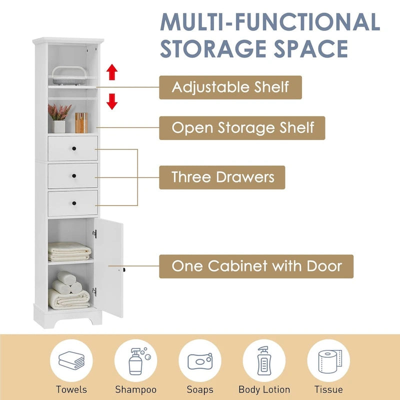 Tall Freestanding Bathroom Storage Cabinet - 3 Drawers Adjustable Shelf - Waterproof MDF Linen Tower - Anti-Tip Device Included