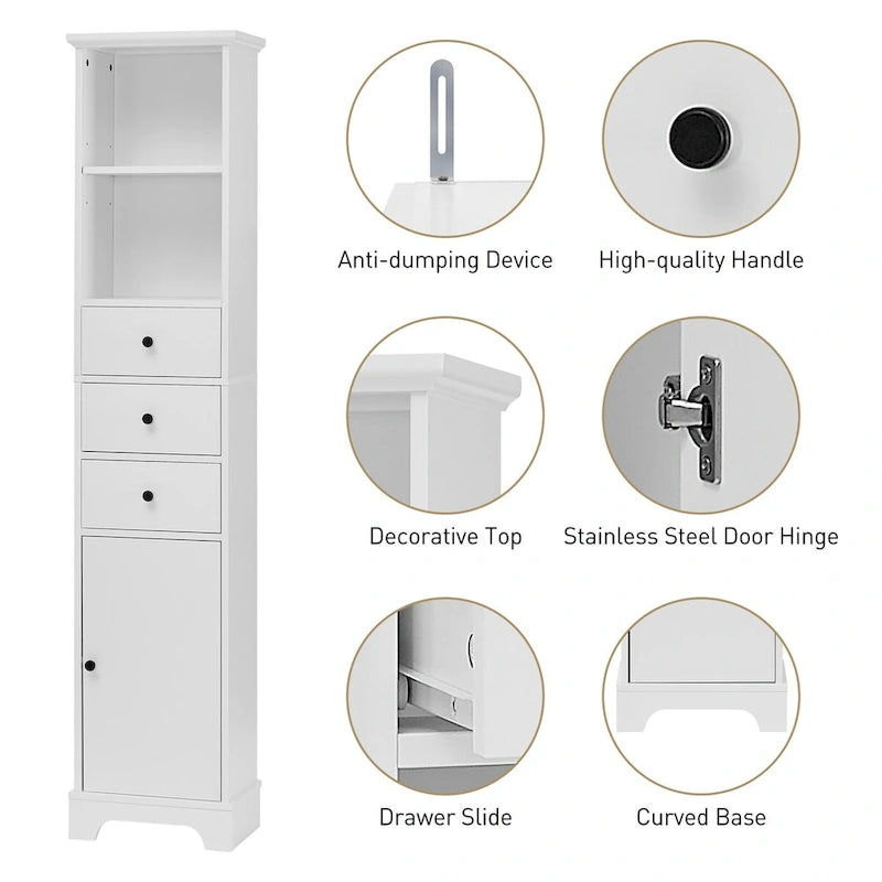 Tall Freestanding Bathroom Storage Cabinet - 3 Drawers Adjustable Shelf - Waterproof MDF Linen Tower - Anti-Tip Device Included