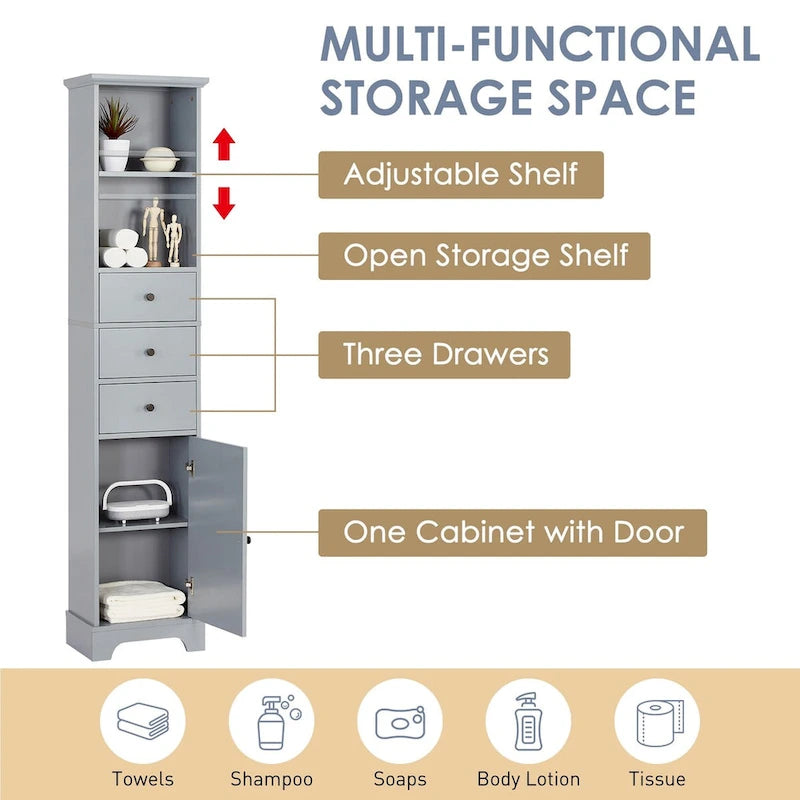 Tall Freestanding Bathroom Storage Cabinet - 3 Drawers Adjustable Shelf - Waterproof MDF Linen Tower - Anti-Tip Device Included