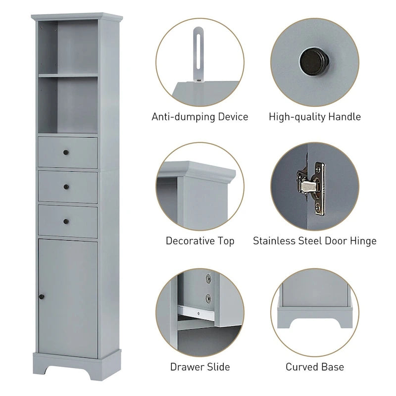 Tall Freestanding Bathroom Storage Cabinet - 3 Drawers Adjustable Shelf - Waterproof MDF Linen Tower - Anti-Tip Device Included