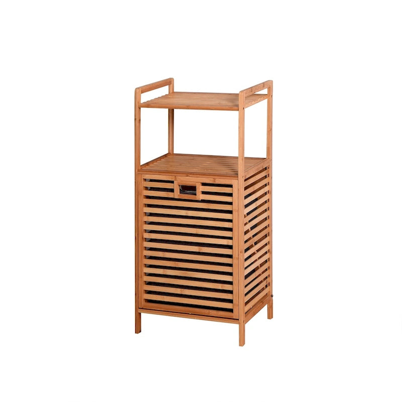Bamboo Tilt-Out Laundry Hamper - 2 Tier Shelves - Removable Oxford Linen Basket - 37.8"H Bathroom Storage Cabinet - Natural