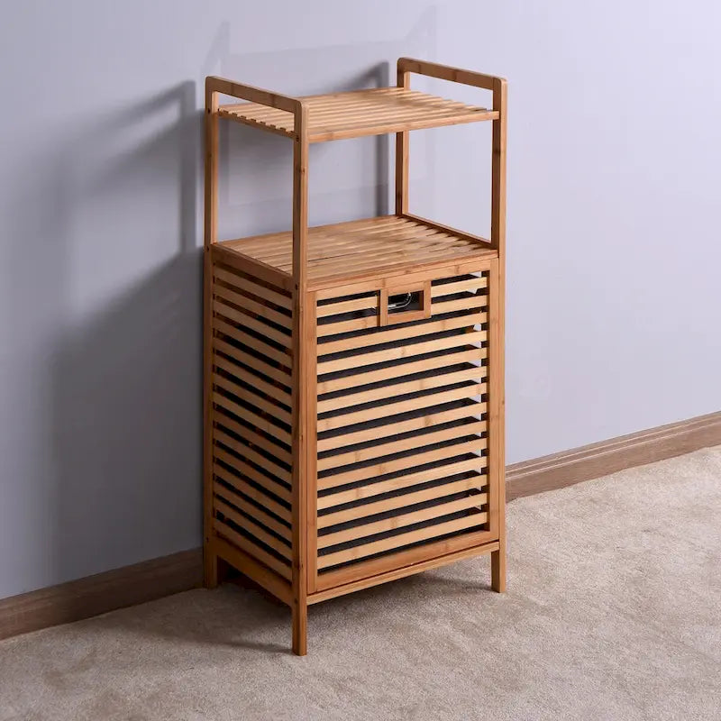 Bamboo Tilt-Out Laundry Hamper - 2 Tier Shelves - Removable Oxford Linen Basket - 37.8"H Bathroom Storage Cabinet - Natural