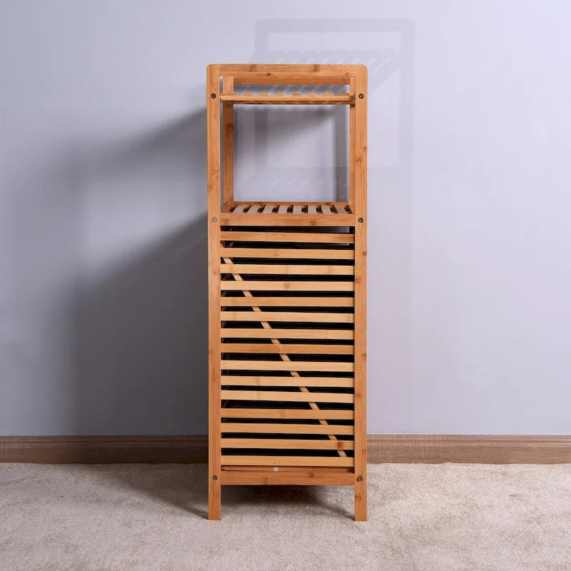 Bamboo Tilt-Out Laundry Hamper - 2 Tier Shelves - Removable Oxford Linen Basket - 37.8"H Bathroom Storage Cabinet - Natural