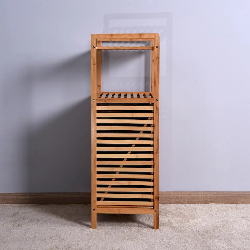 Bamboo Tilt-Out Laundry Hamper - 2 Tier Shelves - Removable Oxford Linen Basket - 37.8"H Bathroom Storage Cabinet - Natural