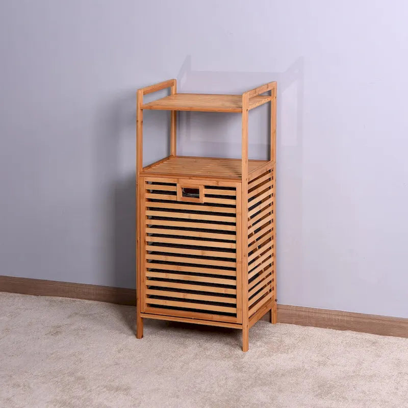 Bamboo Tilt-Out Laundry Hamper - 2 Tier Shelves - Removable Oxford Linen Basket - 37.8"H Bathroom Storage Cabinet - Natural