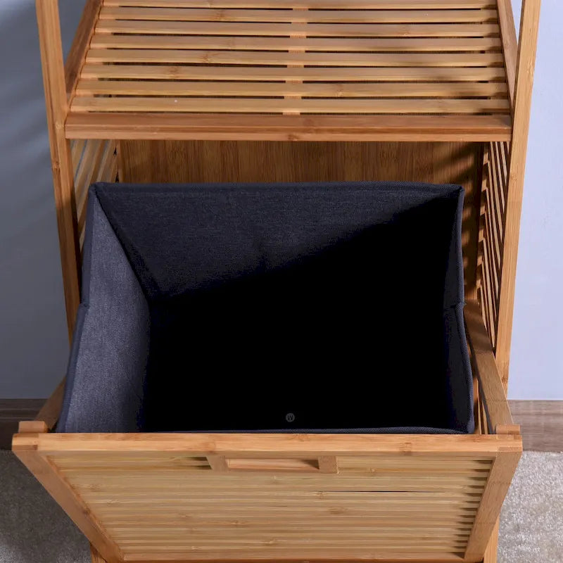 Bamboo Tilt-Out Laundry Hamper - 2 Tier Shelves - Removable Oxford Linen Basket - 37.8"H Bathroom Storage Cabinet - Natural