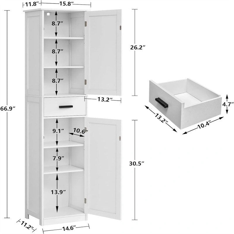Tall White Storage Cabinet 6 Shelves 1 Drawer Narrow Bathroom Organizer 66.9"H x 14.6"L Waterproof MDF