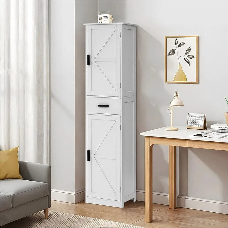 Tall White Storage Cabinet 6 Shelves 1 Drawer Narrow Bathroom Organizer 66.9"H x 14.6"L Waterproof MDF