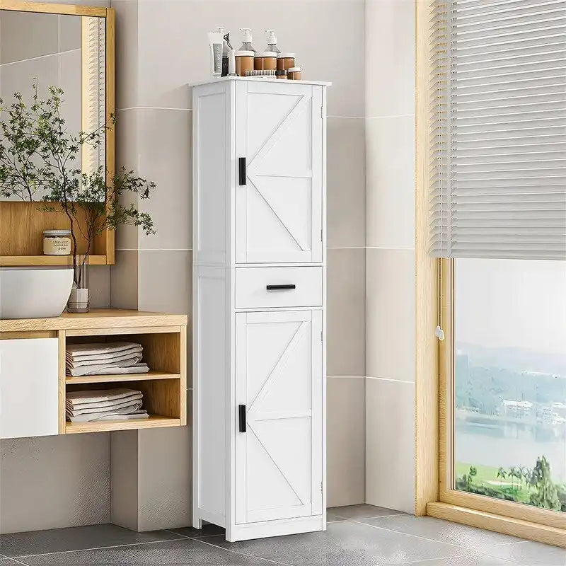 Tall White Storage Cabinet 6 Shelves 1 Drawer Narrow Bathroom Organizer 66.9"H x 14.6"L Waterproof MDF