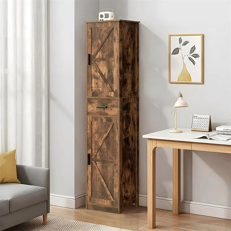 Tall White Storage Cabinet 6 Shelves 1 Drawer Narrow Bathroom Organizer 66.9"H x 14.6"L Waterproof MDF