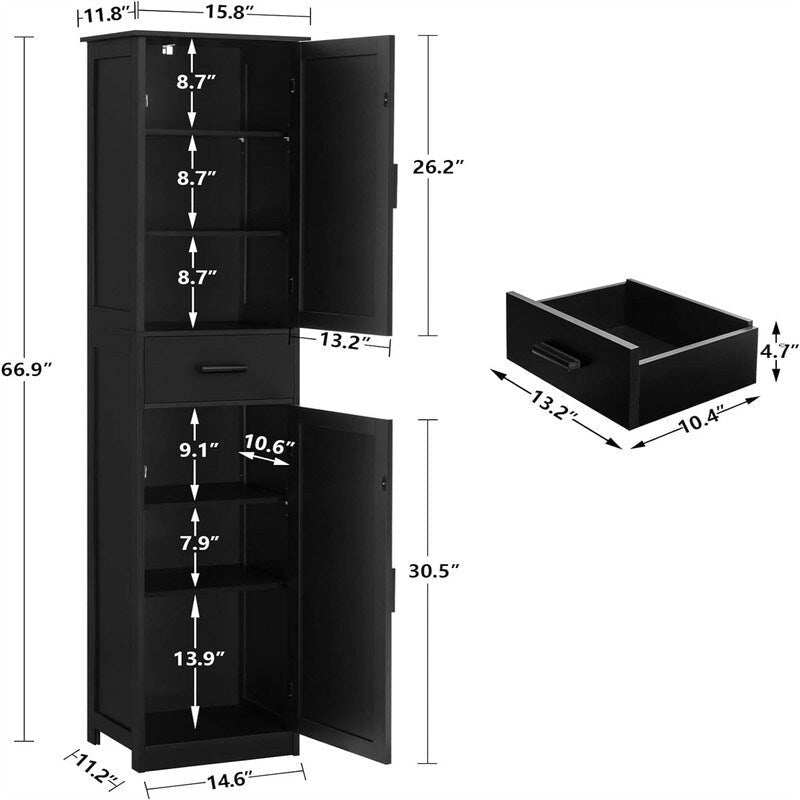 Tall White Storage Cabinet 6 Shelves 1 Drawer Narrow Bathroom Organizer 66.9"H x 14.6"L Waterproof MDF