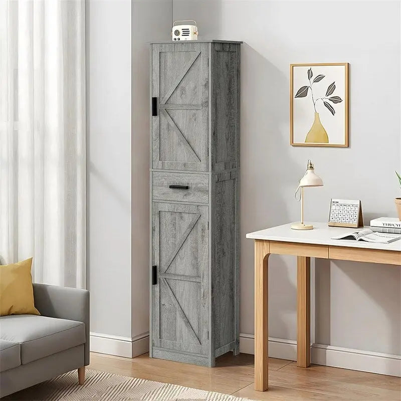 Tall White Storage Cabinet 6 Shelves 1 Drawer Narrow Bathroom Organizer 66.9"H x 14.6"L Waterproof MDF