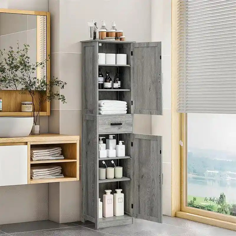 Tall White Storage Cabinet 6 Shelves 1 Drawer Narrow Bathroom Organizer 66.9"H x 14.6"L Waterproof MDF