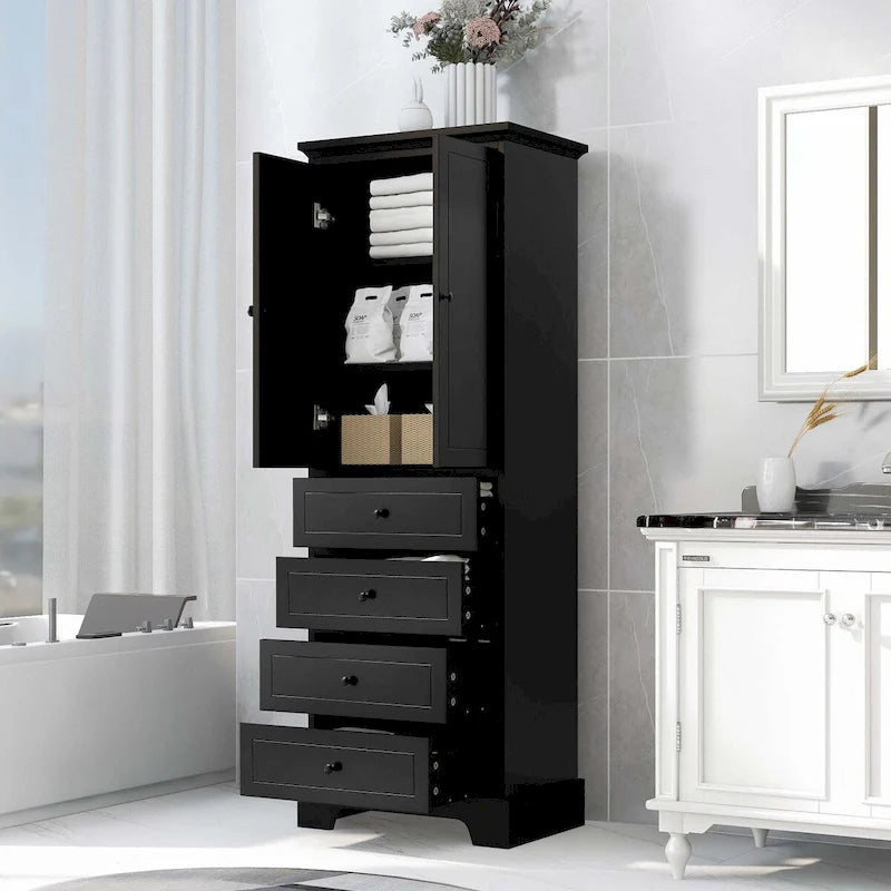 Black Storage Cabinet with 2 Doors & 4 Drawers - MDF Bathroom Office Cabinet with Adjustable Shelves, Waterproof Finish & Anti-Tip