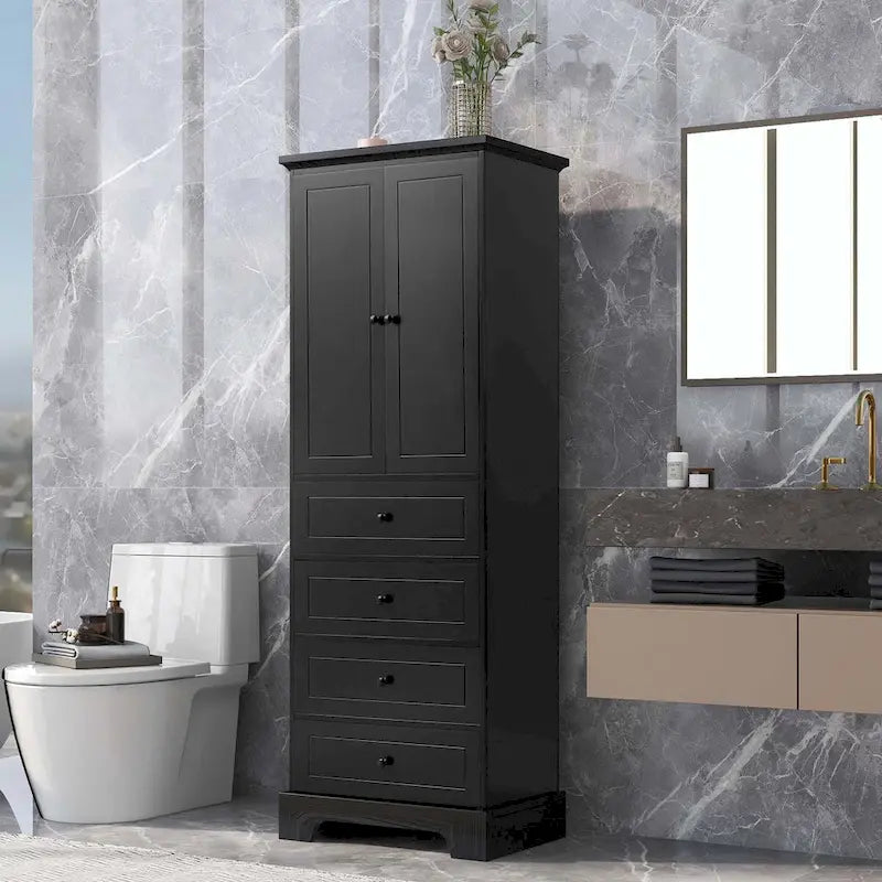 Black Storage Cabinet with 2 Doors & 4 Drawers - MDF Bathroom Office Cabinet with Adjustable Shelves, Waterproof Finish & Anti-Tip