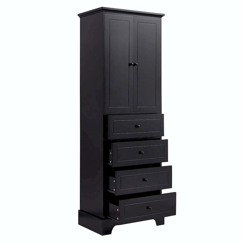 Black Storage Cabinet with 2 Doors & 4 Drawers - MDF Bathroom Office Cabinet with Adjustable Shelves, Waterproof Finish & Anti-Tip