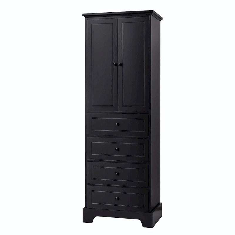 Black Storage Cabinet with 2 Doors & 4 Drawers - MDF Bathroom Office Cabinet with Adjustable Shelves, Waterproof Finish & Anti-Tip