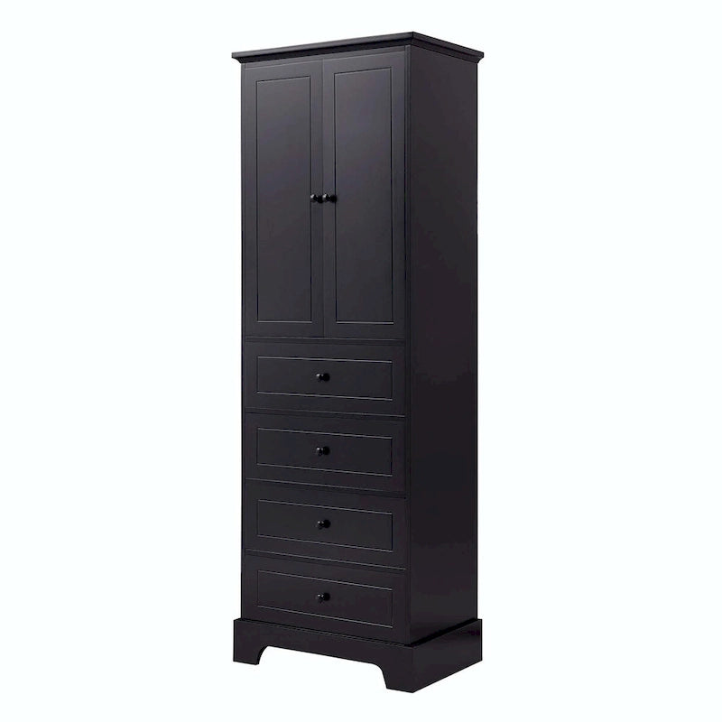 Black Storage Cabinet with 2 Doors & 4 Drawers - MDF Bathroom Office Cabinet with Adjustable Shelves, Waterproof Finish & Anti-Tip