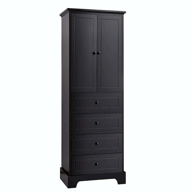 Black Storage Cabinet with 2 Doors & 4 Drawers - MDF Bathroom Office Cabinet with Adjustable Shelves, Waterproof Finish & Anti-Tip