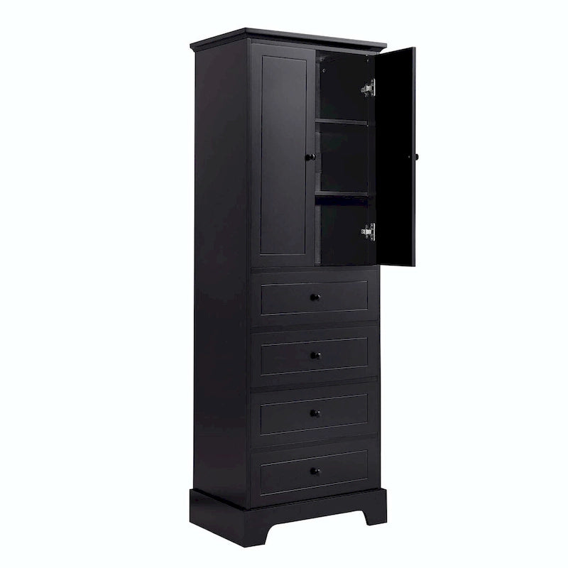 Black Storage Cabinet with 2 Doors & 4 Drawers - MDF Bathroom Office Cabinet with Adjustable Shelves, Waterproof Finish & Anti-Tip