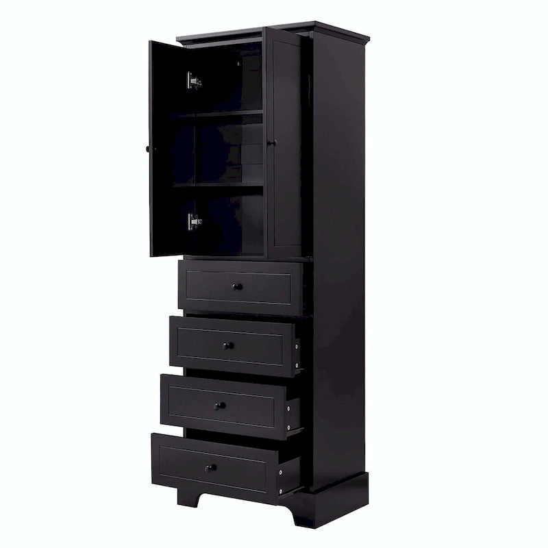 Black Storage Cabinet with 2 Doors & 4 Drawers - MDF Bathroom Office Cabinet with Adjustable Shelves, Waterproof Finish & Anti-Tip