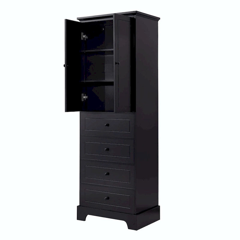 Black Storage Cabinet with 2 Doors & 4 Drawers - MDF Bathroom Office Cabinet with Adjustable Shelves, Waterproof Finish & Anti-Tip