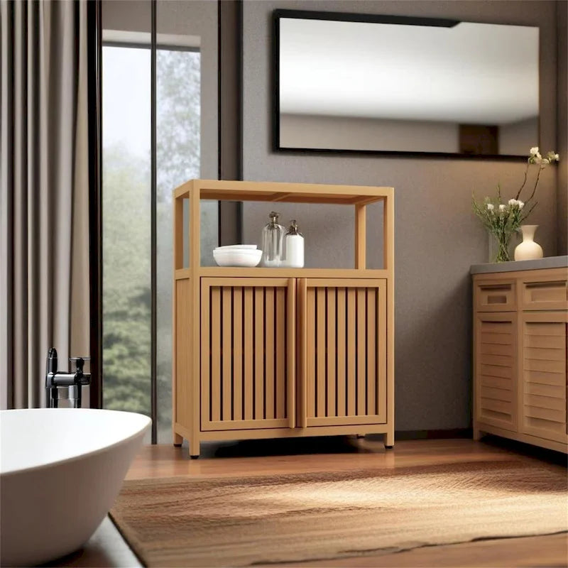Bamboo Storage Cabinet with 2 Louvered Doors - 32" Freestanding Floor Cabinet - Natural Bathroom Kitchen Organizer - Eco-Friendly